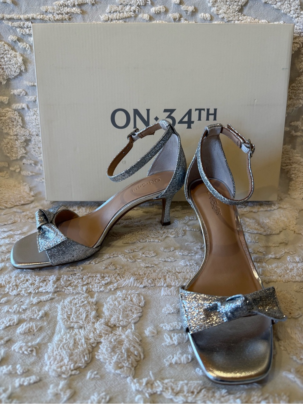 ON 34th Silver Glitter Bow Ankle-Strap Heels #664 - Picture 3 of 7